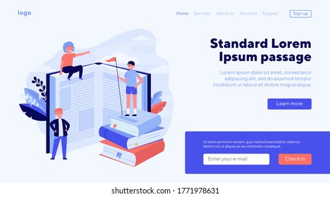Happy sporty readers among books. Student standing on stack of books, getting knowledge, studying flat vector illustration. Library, education concept for banner, website design or landing web page