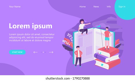 Happy sporty readers among books. Student standing on stack of books, getting knowledge, studying flat vector illustration. Library, education concept for banner, website design or landing web page