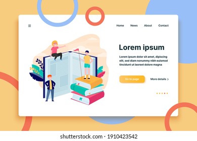 Happy sporty readers among books. Student standing on stack of books, getting knowledge, studying flat vector illustration. Library, education concept for banner, website design or landing web page