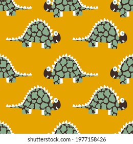 Happy spotted dinos sunny colors childish vector seamless pattern. Positive stegosaurus dinosaurs pattern by goldenrod, white, dark oak, and jade colors. Colorful animalistic print for clothes, etc