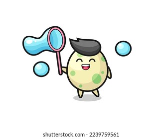 happy spotted egg cartoon playing soap bubble , cute style design for t shirt, sticker, logo element