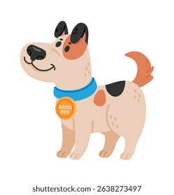 Happy spotted puppy wearing a blue collar and proudly displaying a good boy medal, standing and smiling with a playful, obedient spirit that radiates joy and affection