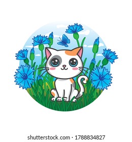 Happy spotty kitty in cornflowers