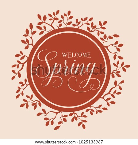 Happy Spring brown card design with text in square floral frame, vector illustration. Hand lettering design element