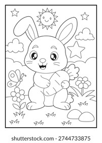 Happy Spring Bunny Coloring Page for Kids. Cute Cartoon Rabbit Garden Scene for Children.