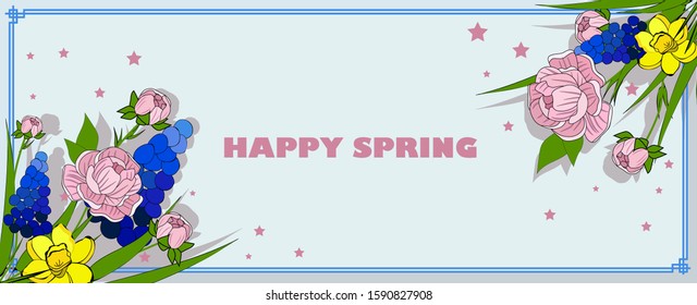 Happy spring! Spring card. Place to insert text. Daffodils and roses. Horizontal format.