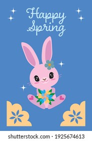 Happy Spring Cute Girly Rabbit with Flower Card