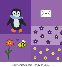 Happy spring, cute penguin, loving bee and flower, vector