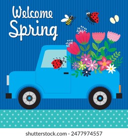 Happy spring day card design with flowers on the car