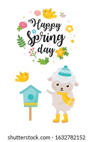 Happy Spring Day greeting card. Cute illustration with cute sheep, birdhouse, bird, flowers and leaves. Spring illustration.