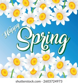 happy spring spring day white daisy flowers on blue background light to dark gradient