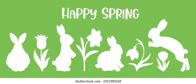 Happy spring design - rabbits in spring flowers. Cute bunny silhouette on bright background. Tulip, daffodil, crocus snowdrops floral shapes. For cut file, Easter decoration, greeting card, border.