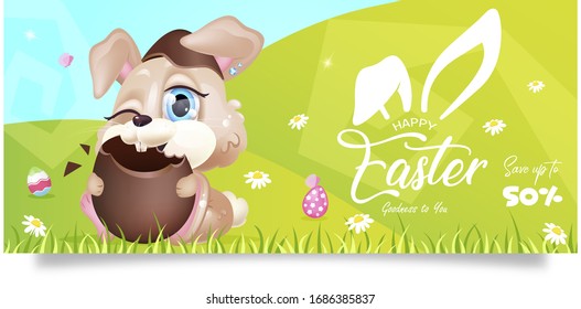 Happy spring Easter flat vector template. Pascha gift certificate design with bunny eating chocolate egg kawaii cartoon character. Pascha printable postcard, holiday discounts, horizontal poster