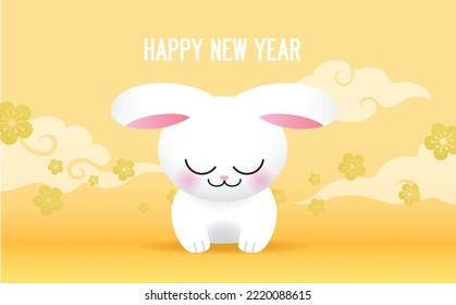 Happy Spring Festival, Lunar New Year or Chinese New Year celebration greetin card. Year of the rabbit 2023 card vector with cute bowing rabbit. Flowers and clouds in background.