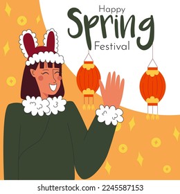 Happy Spring Festival web banner design with woman in tradition Chinese clothes and lantern elements. Vector stock illustration.