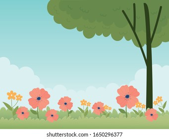 happy spring field flowers tree botanical floral background vector illustration
