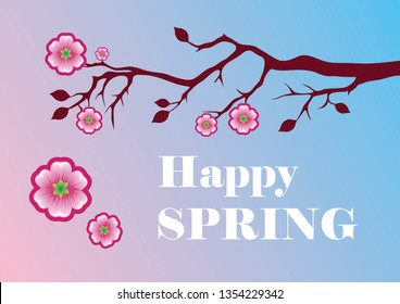 Happy Spring Floral background vector. Inscription Happy Spring. Sakura cherry blossom tree. Blossom tree on a pink and blue background