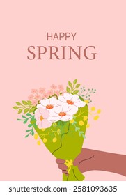 Happy spring floral bouquet in hand celebrating seasonal blooms and sunshine.