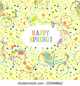 Happy spring frame on seamless pattern with stylish hand drawn city bicycles and colorful spots. Vector background
