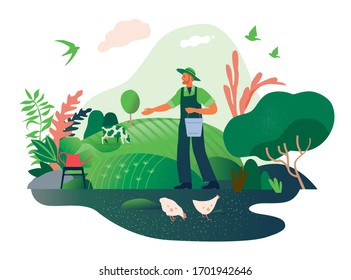 Happy Spring, Gardening. Modern flat vector concept illustration of a man doing hobby gardening work - watering, planting, loosening, organizing spring gardening concept. Gardening people