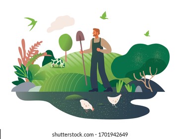 Happy Spring, Gardening. Modern flat vector concept illustration of a man doing hobby gardening work - watering, planting, loosening, organizing spring gardening concept. Gardening people