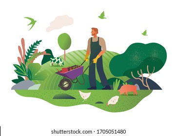 Fröhlicher Frühling.Gartenarbeit. Moderne flache Vektorillustration-Konzept-Illustration eines Mannes, der Hobbygärtnerarbeit leistet und das Frühjahrsgärtnerkonzept organisiert. Gartenarbeit.