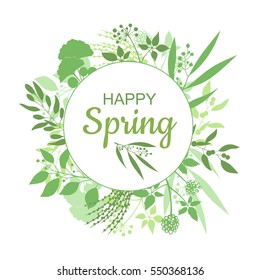 Happy Spring green card design with text in round floral frame, vector illustration. Lettering design element