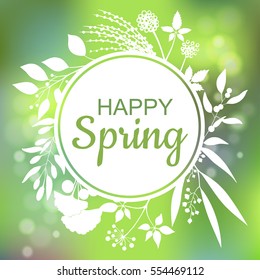 Happy Spring green card design with a textured abstract background and text in square floral frame, vector illustration. Lettering design element