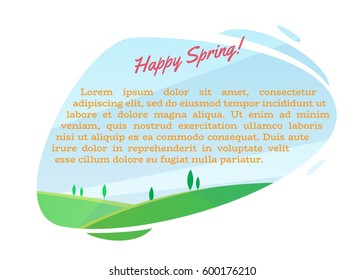 Happy spring. Spring greeting card. Cartoon colorful style. Vector illustration.