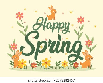 Happy Spring Greeting Card: A cheerful springtime greeting card featuring the words "Happy Spring" in a whimsical green font, surrounded by adorable bunny rabbits and blooming flowers.  