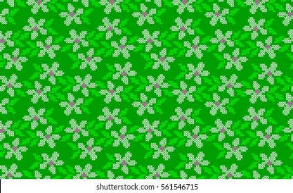 Happy Spring Greeting Card with flowers. Embroidered Handmade Cross-stitch Ethnic Vector Seamless Pattern.  Spring Background for  Textile Design,Greeting Cards,Invitations,Wrapping,Wallpaper.