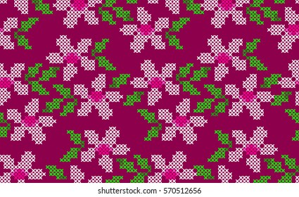 Happy Spring Greeting Card with flowers. Embroidered Handmade Cross-stitch Ethnic Vector Seamless Pattern.  Spring Background for  Textile Design,Greeting Cards,Invitations,Wrapping,Wallpaper.