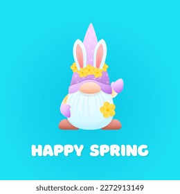 Happy Spring greeting card template. Spring cartoon illustrations of a funny gnome on a blue background. Vector 10 EPS.