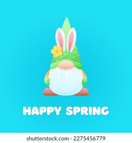 Happy Spring greeting card template. Spring cartoon illustrations of a funny gnome on a blue background. Vector 10 EPS.