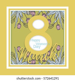 Happy spring greeting card. Template for Womens Day with tulips on gold background.Stock vector illustration.