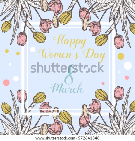 Happy spring greeting card. Template for Womens Day with tulips on blue background.Stock vector illustration.