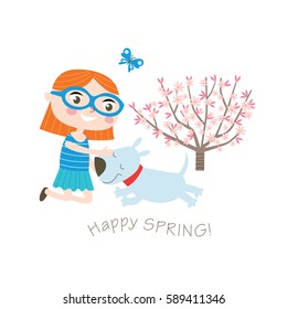 Happy spring! Greeting card in vector. Spring and summer child's outdoor activities. Happy childhood. 