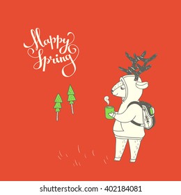 Happy spring. hand drawn illustration with cute deer