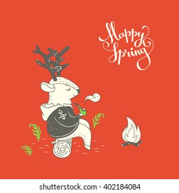 Happy spring. hand drawn illustration with cute deer