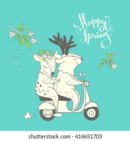 Happy spring. hand drawn illustration of cute characters traveling on scooter. young couple in love. 