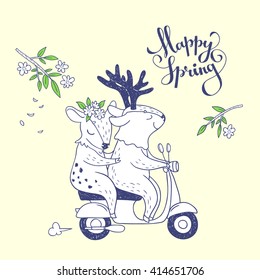 Happy spring. hand drawn illustration of cute characters traveling on scooter. young couple in love. 