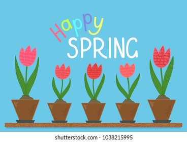 Happy spring. Hand drawn tulips in flower pots on blue background. Vector illustration.