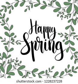 Happy Spring hand drawn vector illustration.Lettering spring design with flowers decoration for greeting card, invitation,banner,cover,poster,card,wallpaper,ad,promotion,article.