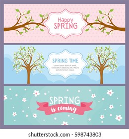 Happy spring. Horizontal banner set template. Place for your text. Vector illustration with blossom trees, flowers and other spring elements.
