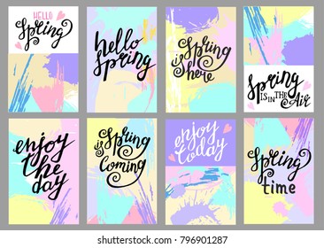 Happy spring illustration. Cards, Posters set with lettering. Creative journaling cards. Hand Drawn textures.