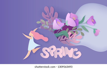 Happy Spring illustration. Paper cut girl running cutout blue sky with bouquet of flowers. Horizontal format design for banner, greeting card. Vector paper art illustration. Paper cut style