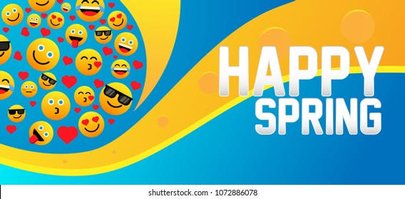 happy spring, label with emoji or emoticon for greeting card or poster happy spring, label with emoji or emoticon for greeting card or poster