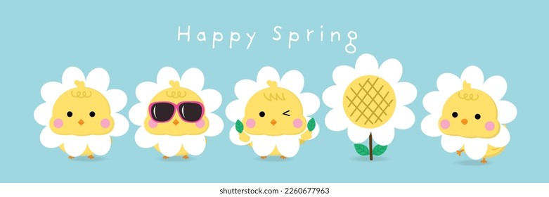 Happy spring with little yellow chick in flower costume. Animal cartoon character vector set.