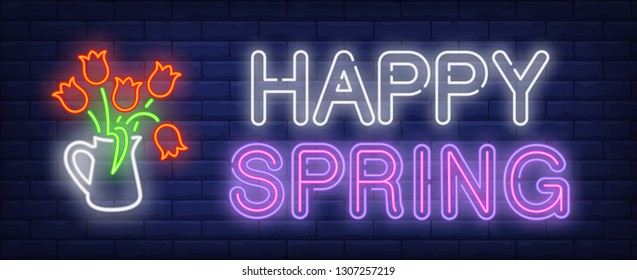 Happy spring neon text with tulips in jug. Spring season design. Night bright neon sign, colorful billboard, light banner. Vector illustration in neon style.