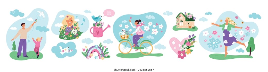 Happy spring people. Guys and girls enjoy warm weather and awakening nature. Seasons change. Summer birds and flowers. Sky rainbows. Woman on bicycle. Family fly kite